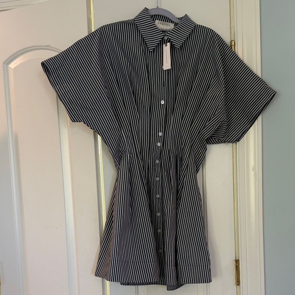 Striped Button-Front Mini Shirtdress in Black and White
